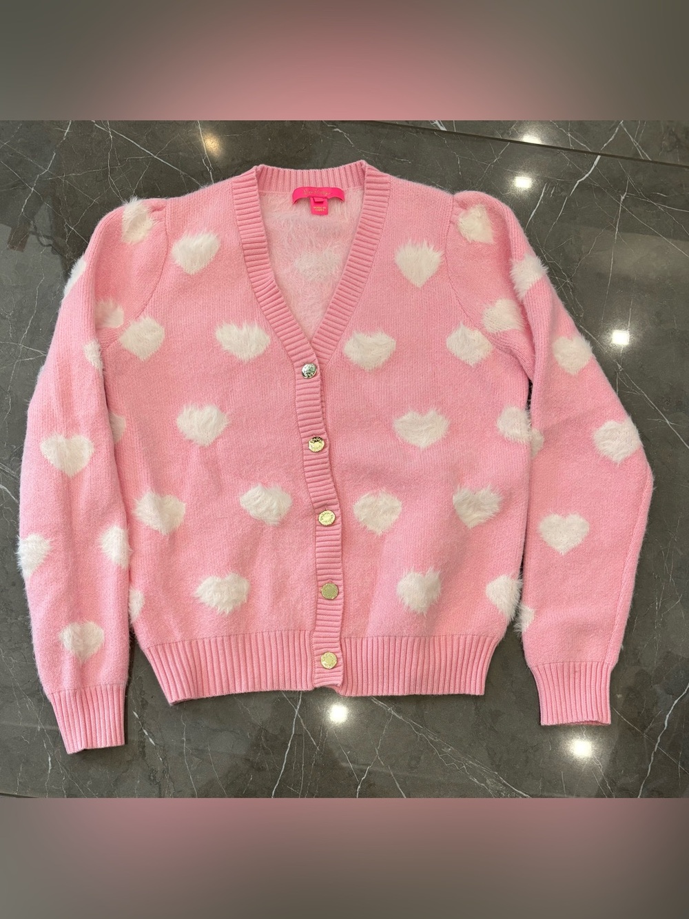 Women's Lilly Pulitzer Keane Cardigan Pink With White Fuzzy Hearts Small NWOT
